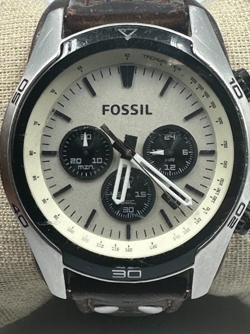 Fossil Coachman Chronograph Watch Men Cream Dial Leather Strap Band New Battery
